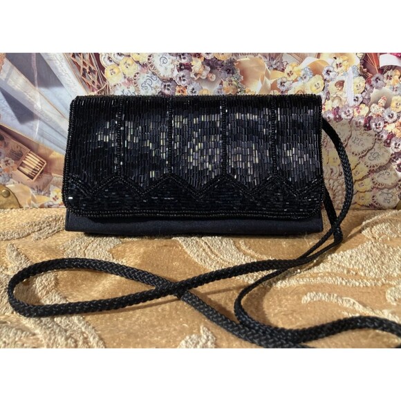 Vintage 80s Purse 1980s Black Beaded Art Deco Revival Prom Fancy Cocktail Bag - Picture 1 of 5